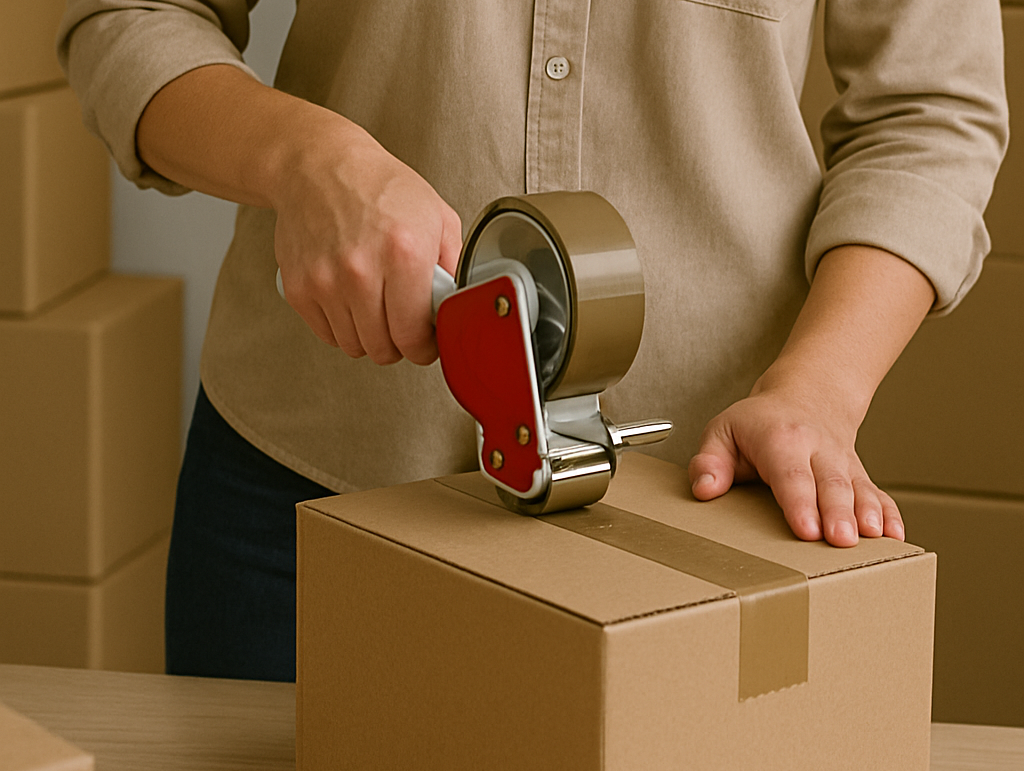 Pessoa empacotando caixa com fita adesiva, representando o trabalho operacional que RH não deveria fazer