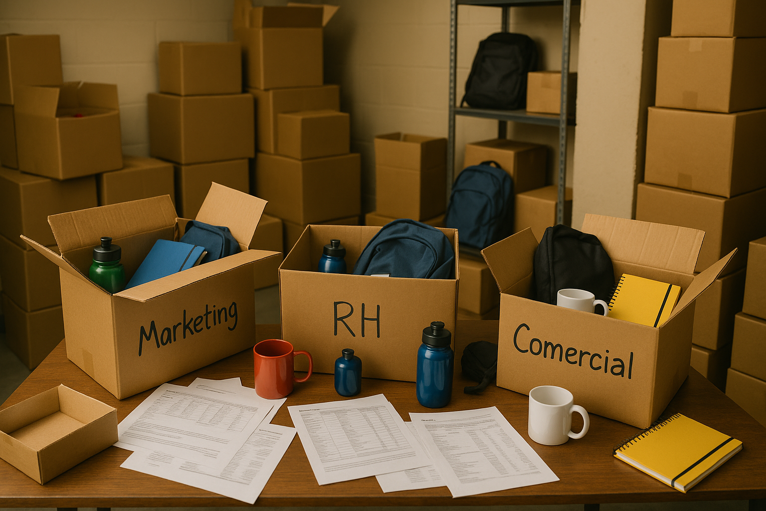 Almacén desorganizado con cajas y productos dispersos, representando el caos operacional en la gestión tradicional de regalos corporativos