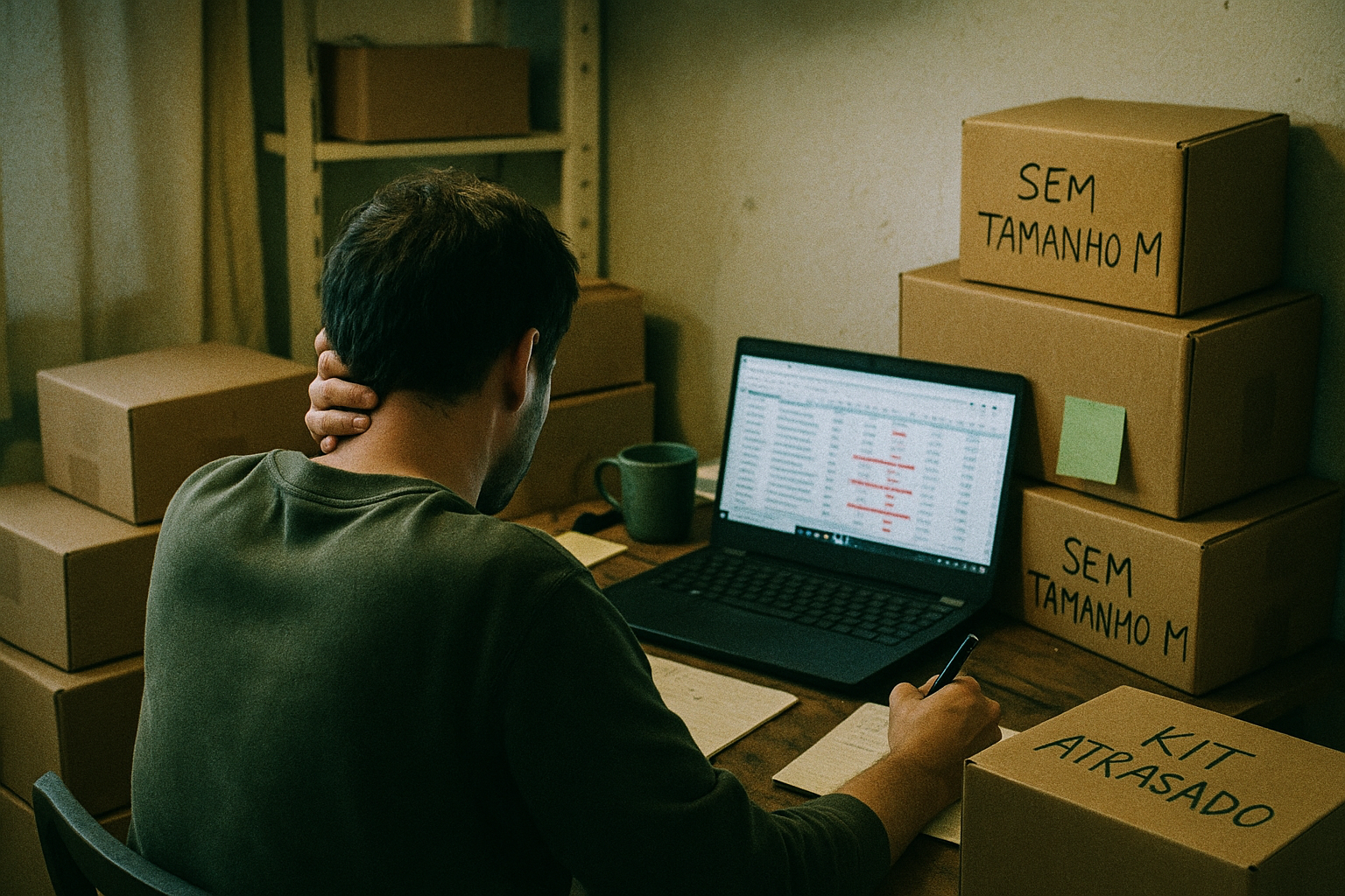 Pessoa trabalhando em planilha de onboarding com caixas empilhadas marcadas 'SEM TAMANHO M' e 'KIT ATRASADO', representando os desafios operacionais do onboarding manual